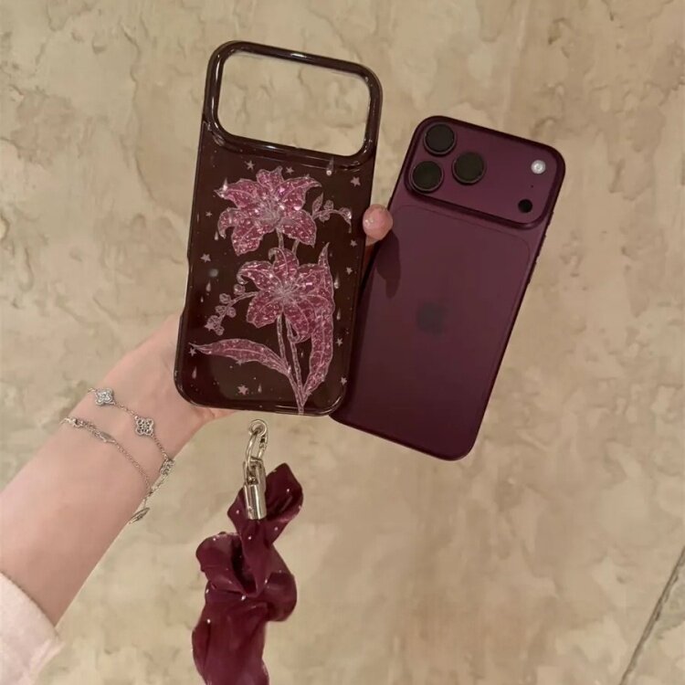 ins韩系酒红色百合花高级ins感适用于iPhone1817Promax不撞款小众15pro全包防摔可爱16p韩系女款2026大爆款
