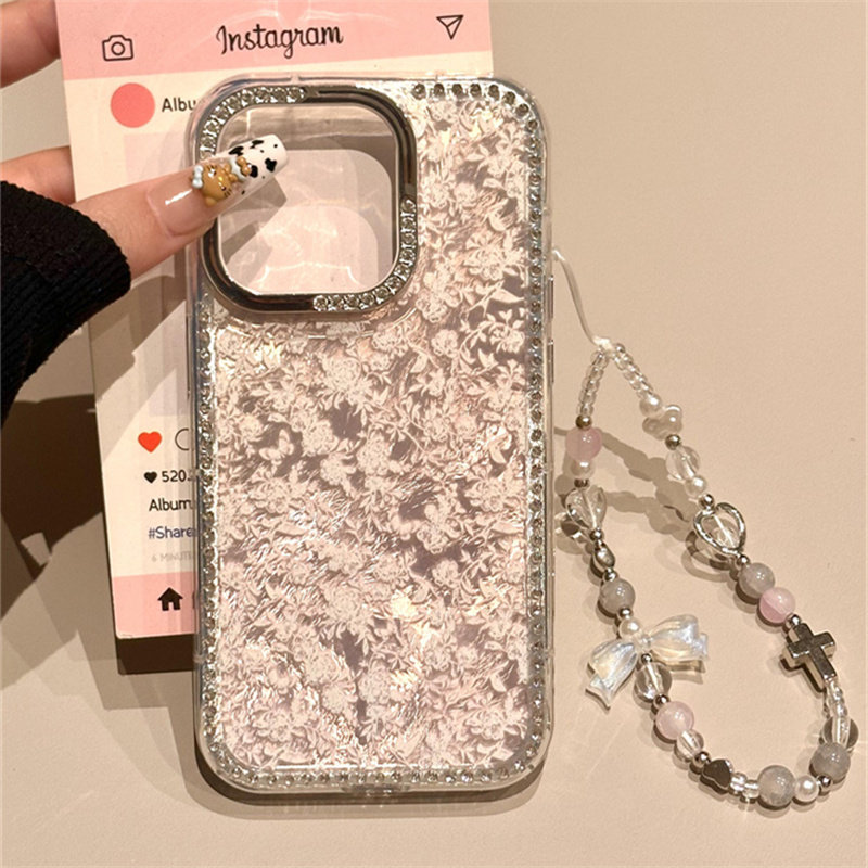 粉底满屏白碎花双层带链条壳适用于iphone16promax手机壳新款iPhone14pro小众15pro卡通13p防摔16pro保护套女
