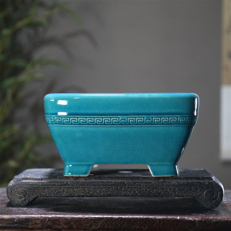 陶瓷盆景盆正方形回纹中带古典紫砂花盆四方形收口桌面盆栽觅陶乡