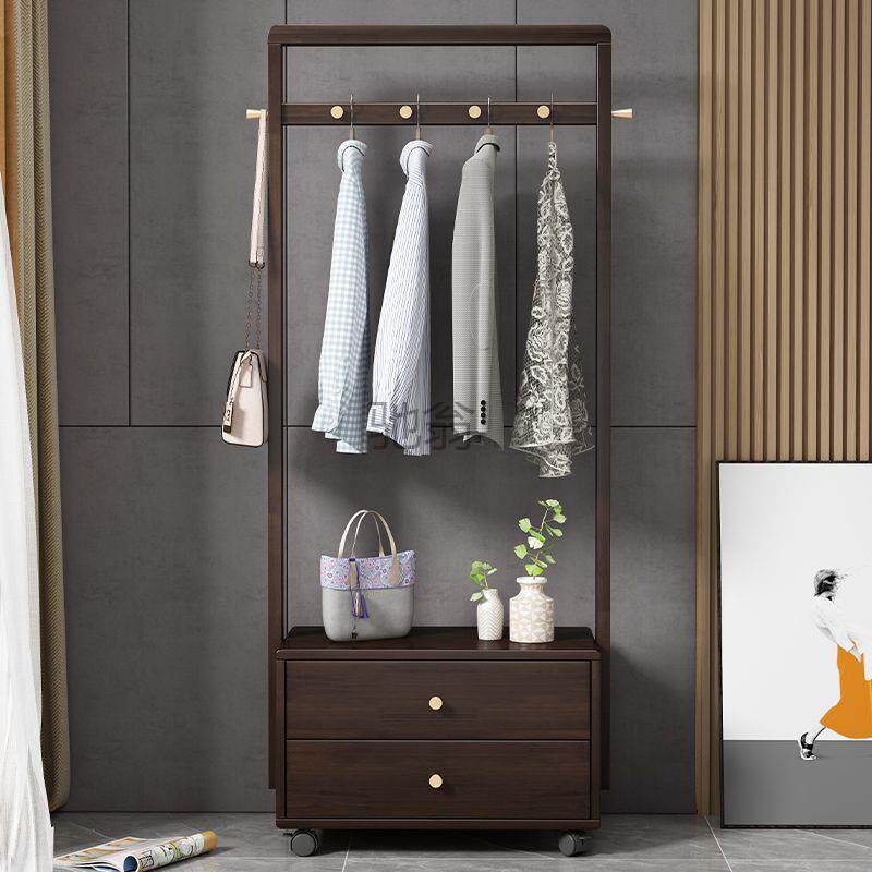 gq家用全实木衣帽架卧室家用移动落地挂衣架带抽屉美式复古落地衣
