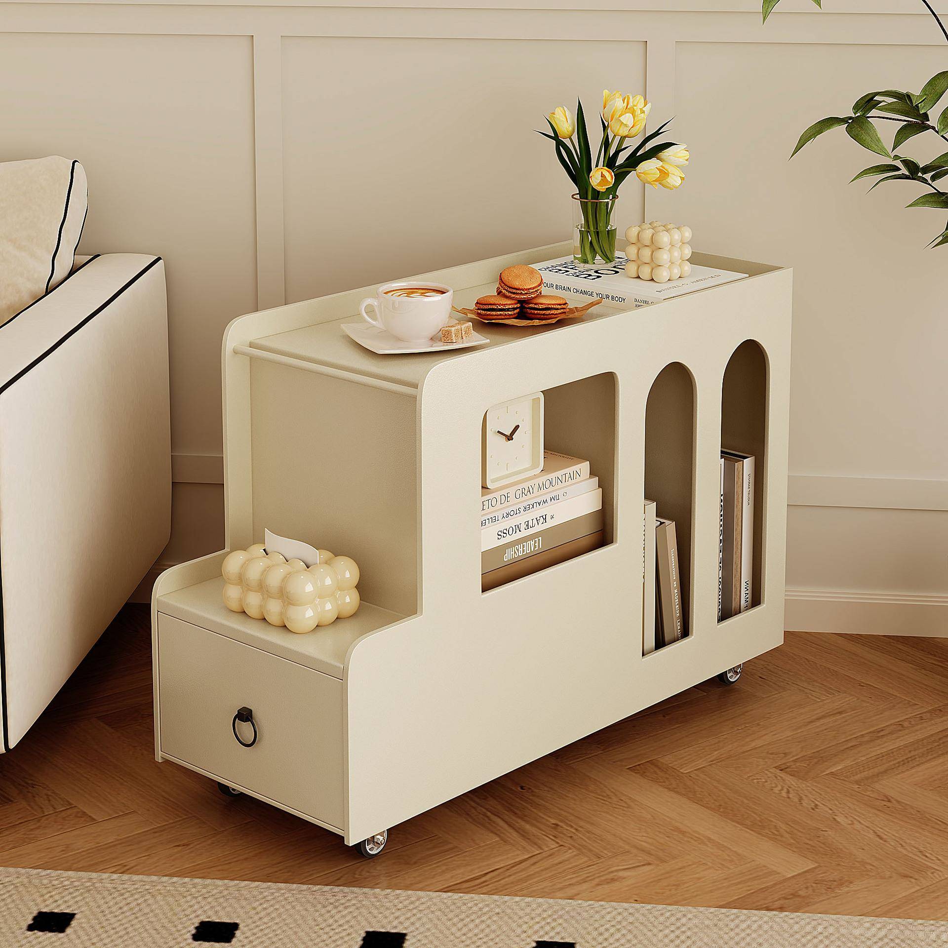 奶油风可移动茶几客厅家用沙发边柜侧边柜卧室简约床头置物架带轮
