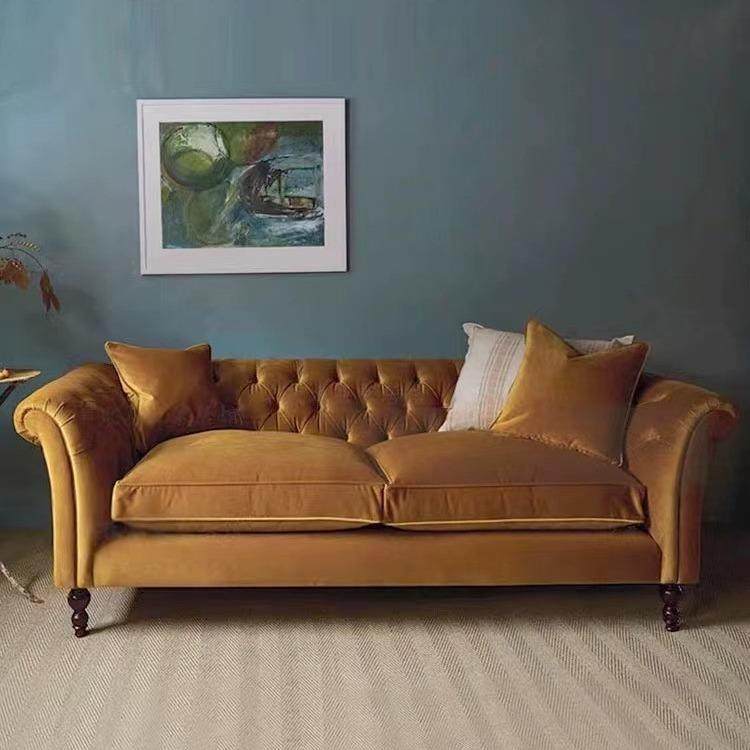 法式复古布艺双人位沙发美式轻奢小户型客厅沙发中古拉扣直排沙发