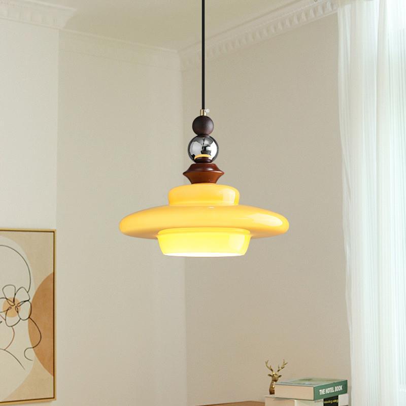 中古实木餐厅吊灯简约复古风奶油橙色玻璃灯罩餐桌灯具
