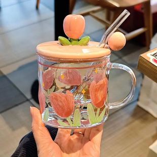 2024办公室可加热喝水杯 郁金香玻璃杯带盖家用女高颜值杯子女新款