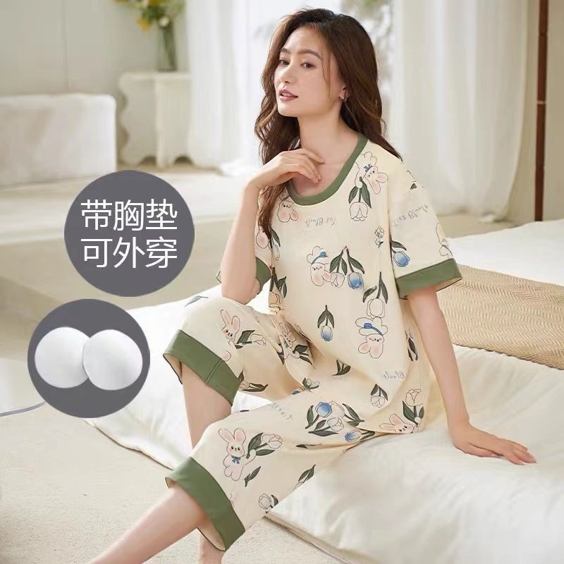 2025新款带胸垫一体睡衣女夏天夏季短袖七分裤家居服女士两件套装