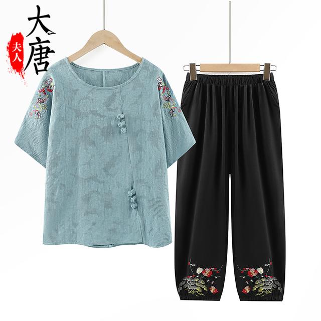 中老年女装夏装套装妈妈2025新款老年人夏季纯棉T恤短袖衣服大码