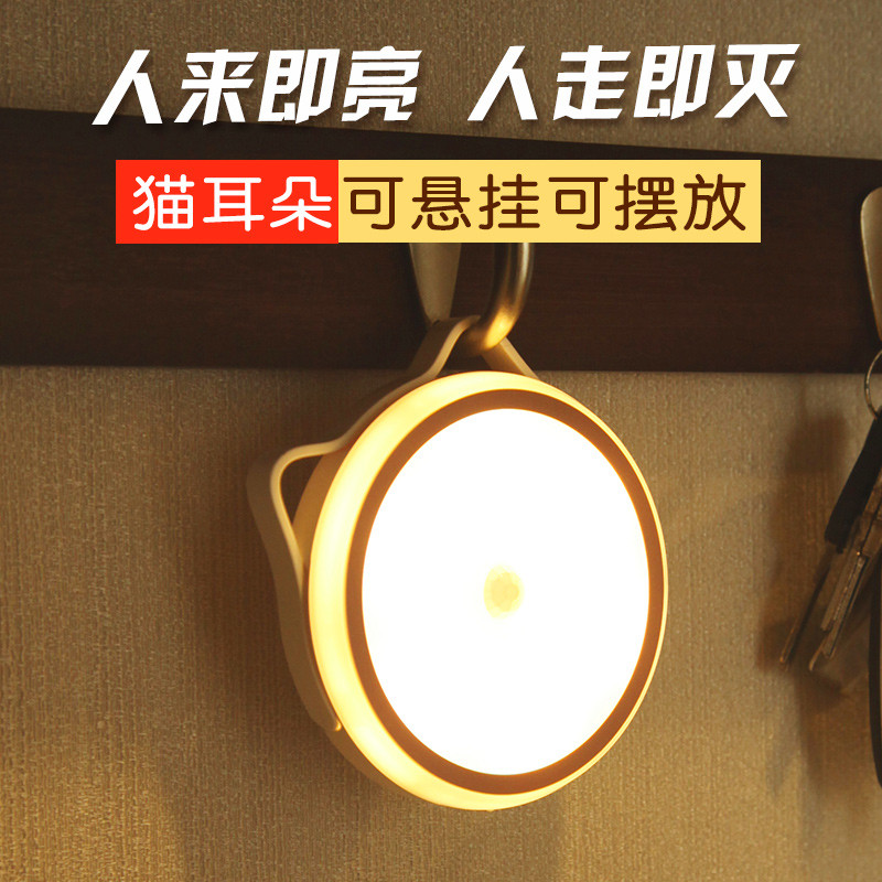 人体感应小夜灯家用卧室床头led过道衣柜卫生间声控充电池起