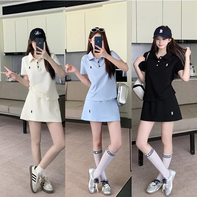 大码女装套装夏季显瘦遮肉POLO领上衣+A字裙裤两件套