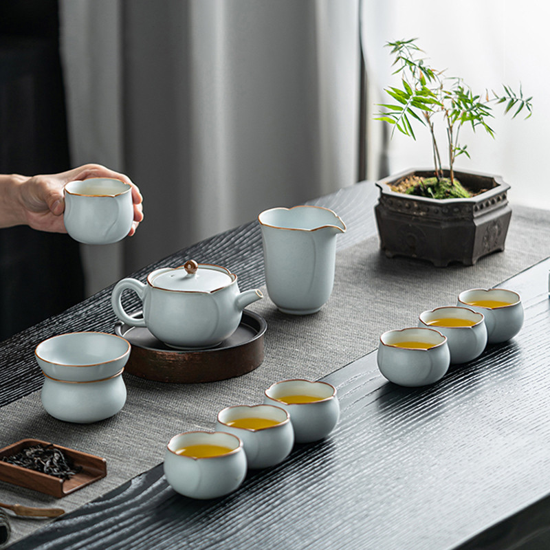 月白汝窑功夫茶具套装家用高档开片大师级2025新款盖碗茶杯礼