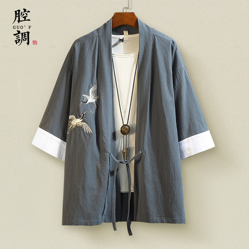 古风夏季汉服男古装宽松中国风仙鹤龙纹亚麻外套棉麻居士道服袍道