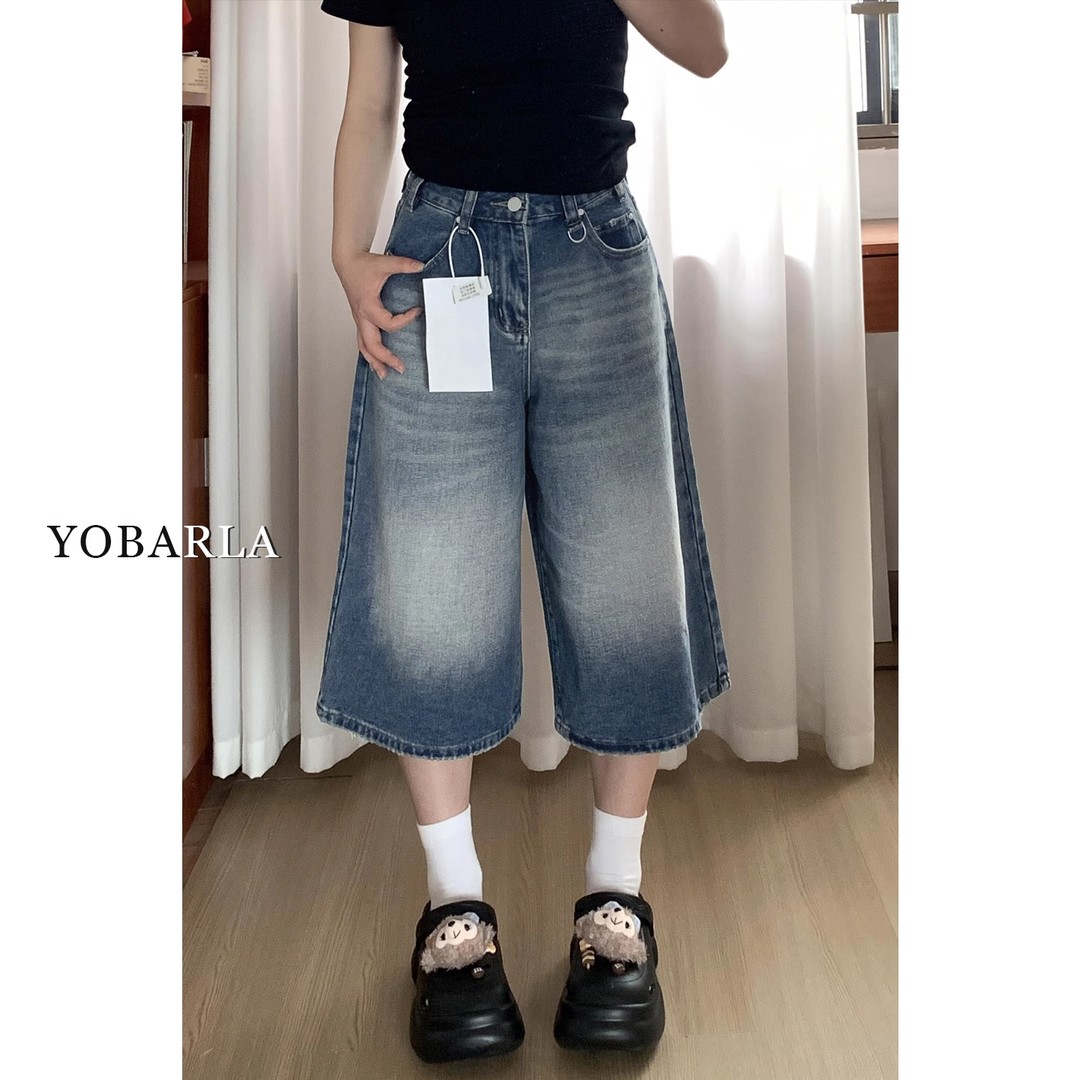 美式阔腿牛仔七分裤女夏季新款大码胖mm宽松显瘦梨形身材直筒短裤