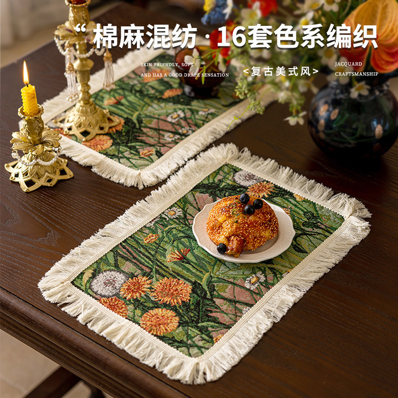 美式复古油画风蒲公英餐垫ins风流苏餐布隔热防烫锅垫餐桌装