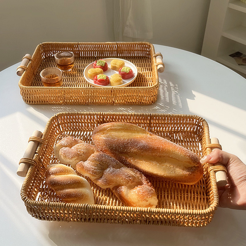 日式客厅托盘茶盘家用果篮面包盘零食筐仿藤编桌面收纳筐婚礼摆盘