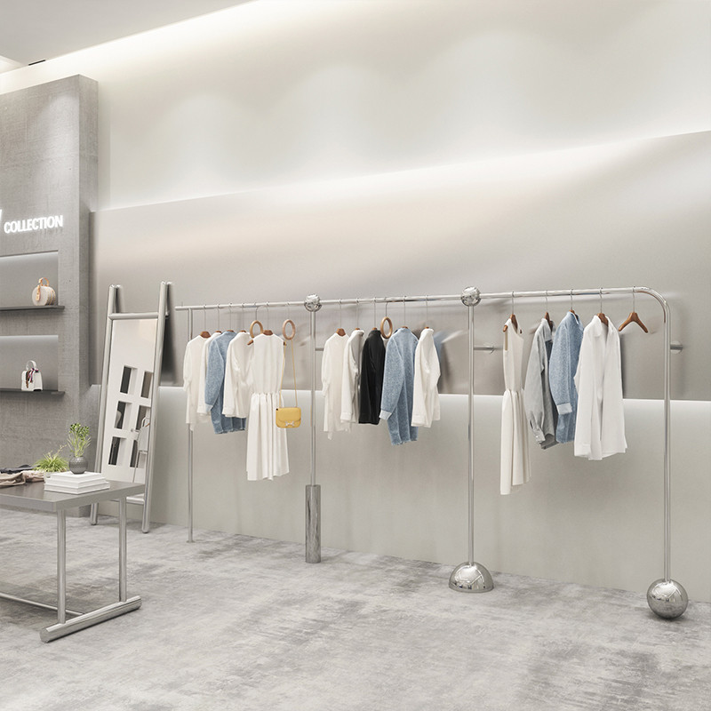 服装店展示架不锈钢陈列道具男女装童装店货架银色上墙挂衣杆