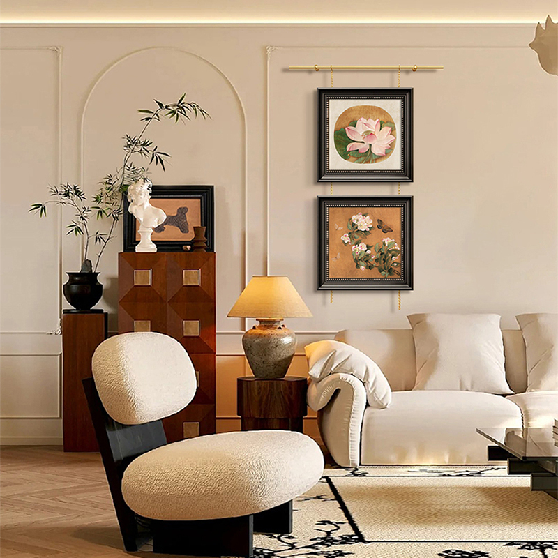 黄铜轨道挂画器法式复古装饰画油画别墅画展小众链条黄铜杆样板间图片