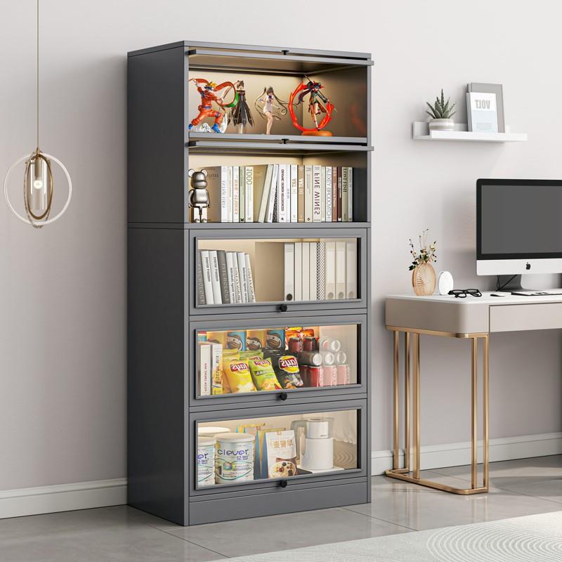 防尘书架置物架落地带门书柜置物柜灰色展示柜客厅收纳柜子储物柜