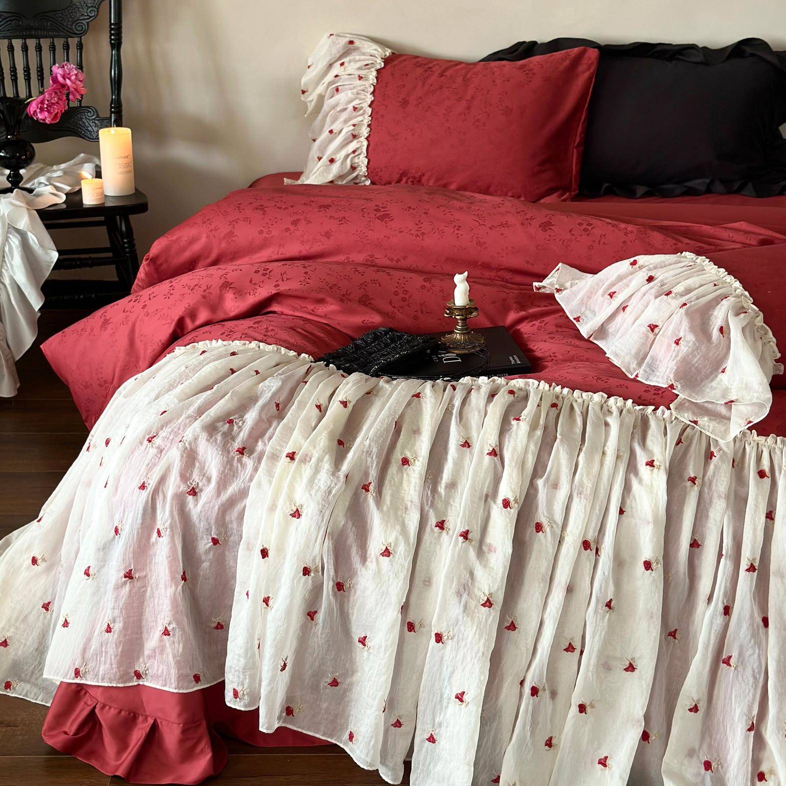 奥黛丽小姐︱法式复古红提花四件套纯棉长绒棉浪漫小众床品2m