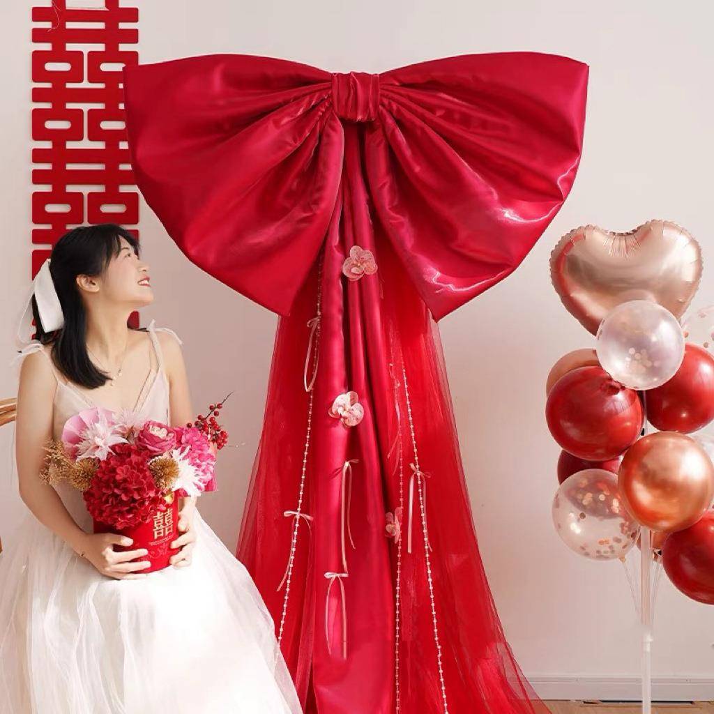 超大缎面蝴蝶结婚房布置结婚订婚敬茶晨袍拍摄装饰氛围感背景红色