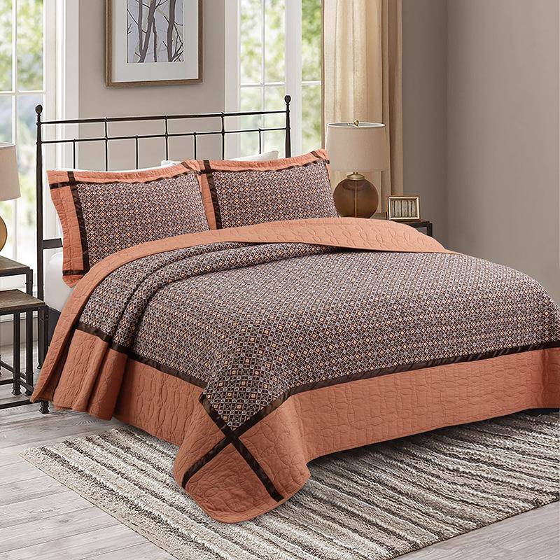 外贸美式绗缝被三件套夹棉水洗床盖镶边工艺床单床笠家纺