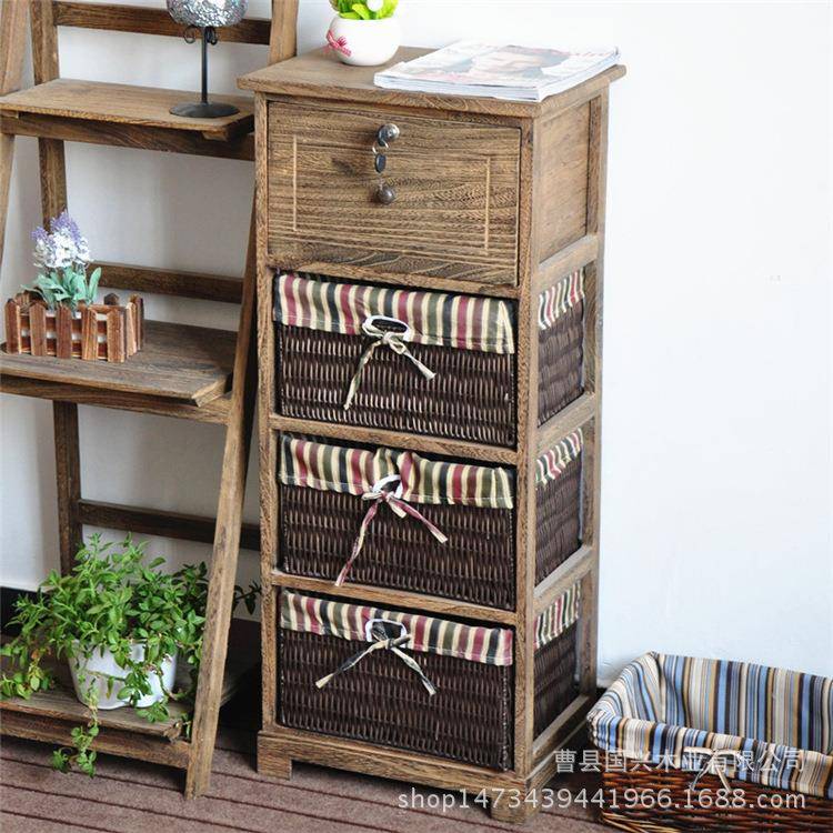 韩式风格藤编多层多功能收纳柜带锁实木置物储物柜