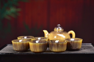 披毛犀老亚金皮茶壶杯子套装鱼子纹竹丝纹收藏送礼摆件