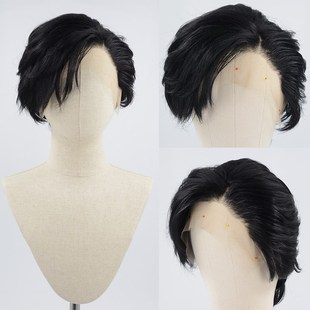 男士短假发纯黑色修剪高温丝前蕾丝手勾发自然发际线整顶假发毛胚