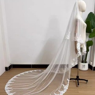 复古新款蕾丝双层带遮面长款拖尾头纱新娘领证头饰旅拍写真柔软