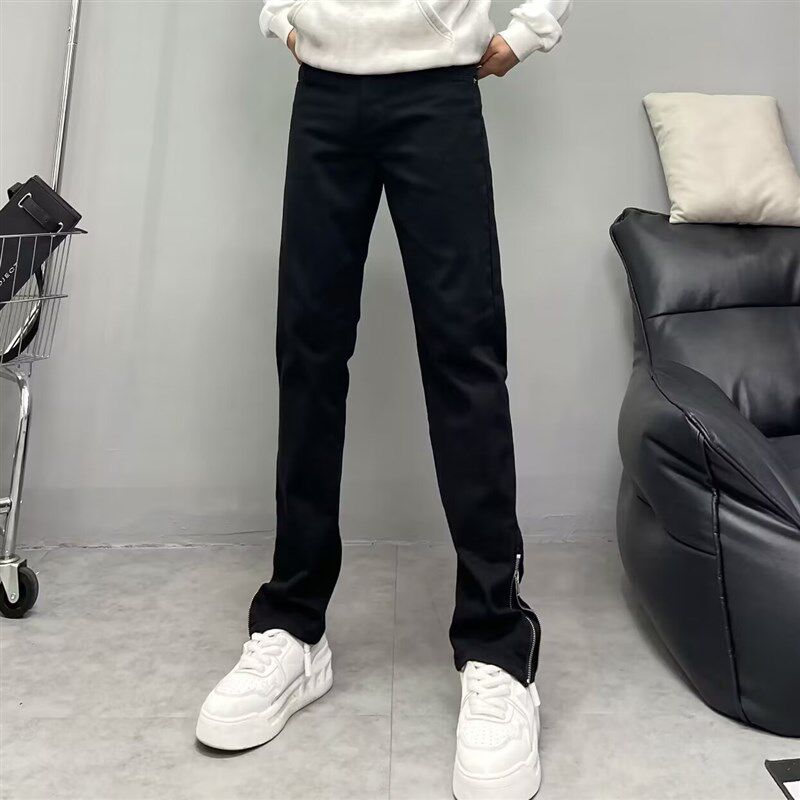 黑色牛仔裤男修身l小直筒韩版潮流简约脚口拉链微喇弹力休闲长裤