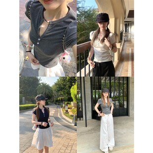 Oguuo 小v领设计感显瘦针织灰色t恤女春夏纯欲风甜辣正肩短袖上衣