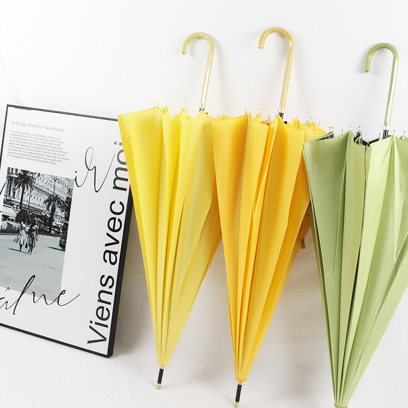 韩版黄色长柄雨伞糖果色16骨弯钩纯色直杆抗风小清新黄伞男女长伞