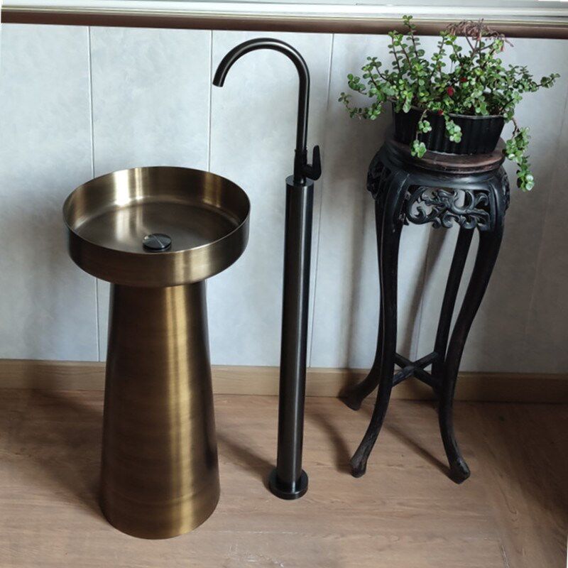 立柱盆304#不锈钢落地分体w式户外洗手池个性大圆锥形民宿洗脸面