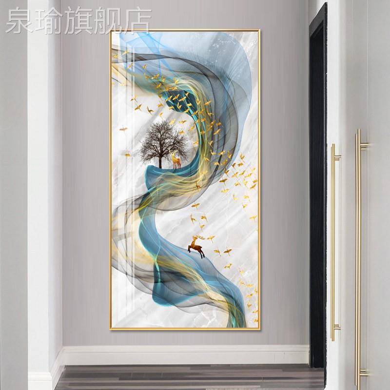 网红与行鹿同北欧鹿m轻奢羽毛走壁画玄关过装饰画道挂画麋竖版玄图片