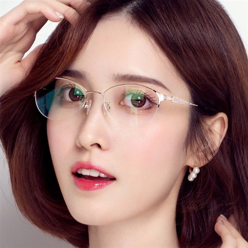 新款近视眼镜女变色大脸半框超轻优雅眼镜框近视女款防蓝光辐射潮