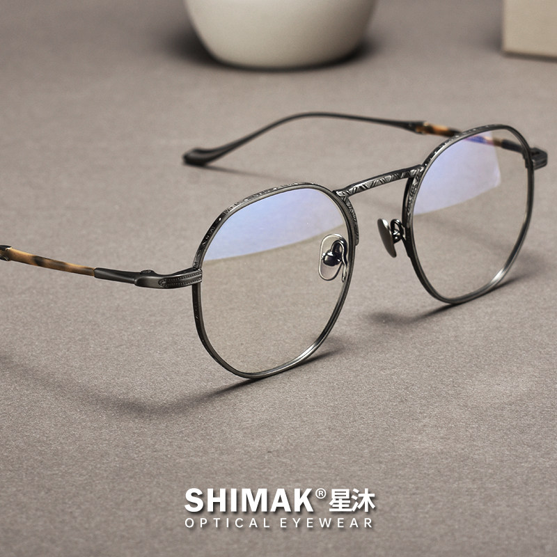 眼镜框纯钛男款多边形超轻日系可配近视复古文艺个性雕花女高级感