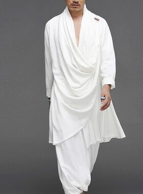 套装中国风男装复l古棉麻禅修居士道服男汉服宽松民族风披风外套