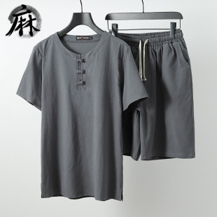 男夏季 亚麻长裤 短袖 盘扣中国风胖子加肥大码 两件 n五分裤 棉麻套装