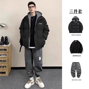 冬季假两件棉衣套装男p生棉服外套羽绒服穿搭男装连帽棉袄外套潮