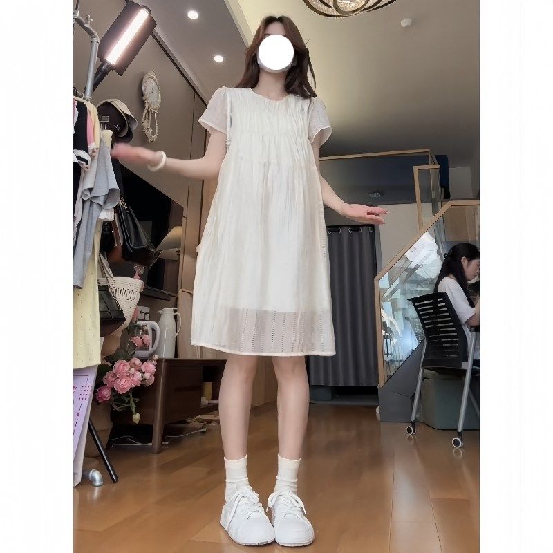 休闲孕妇装2024夏季新款中长款宽松时尚圆领雪纺短袖外穿女连衣裙