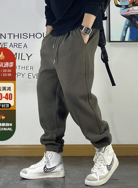 美式休闲复古做旧简约加绒卫裤男宽松束口裤冬季加厚青Z年运动裤