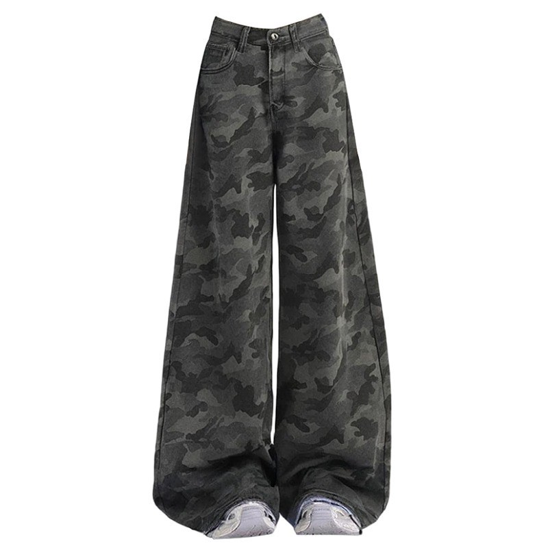 大码胖mm美式复古迷彩工装牛仔裤子2025新款休闲宽松直筒阔腿裤女