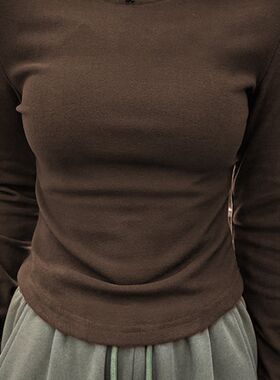 纯色圆领德绒加绒基础打底衫女上衣内搭冬季弧形下摆收腰长袖T恤