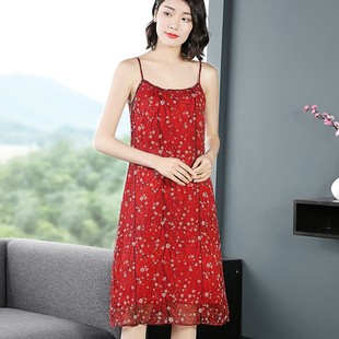 雪纺吊带背心女无袖中长款修身内搭打底裙外穿碎花连衣裙夏季大码