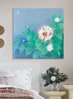富贵花开手绘油画蓝色玄关挂画抽象肌理方形画白色花卉客厅装饰画