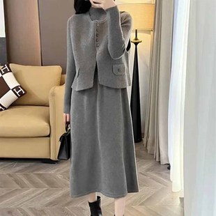 秋冬针织连衣裙马甲两件套装裙长款过膝半高领毛衣裙韩版A字裙春