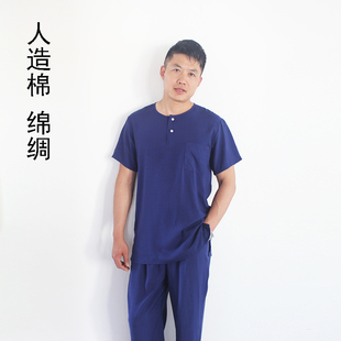 中老年夏人造棉绸男装T桖绵绸短袖长裤睡衣爸爸套装家居服短裤薄
