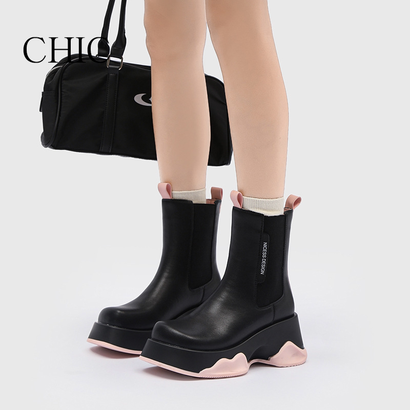 CHIC奇柚/牛皮厚底中筒马丁靴