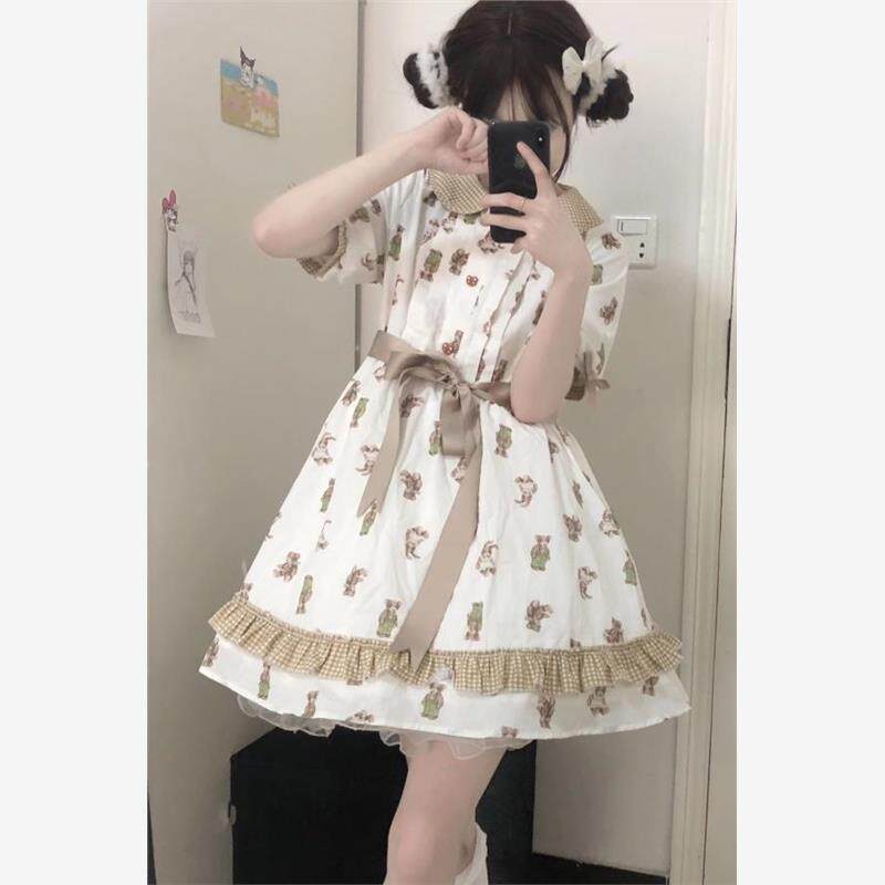 原创小熊娃娃领可爱软妹轻lo娃娃裙夏短袖甜美风学院风显瘦连衣裙