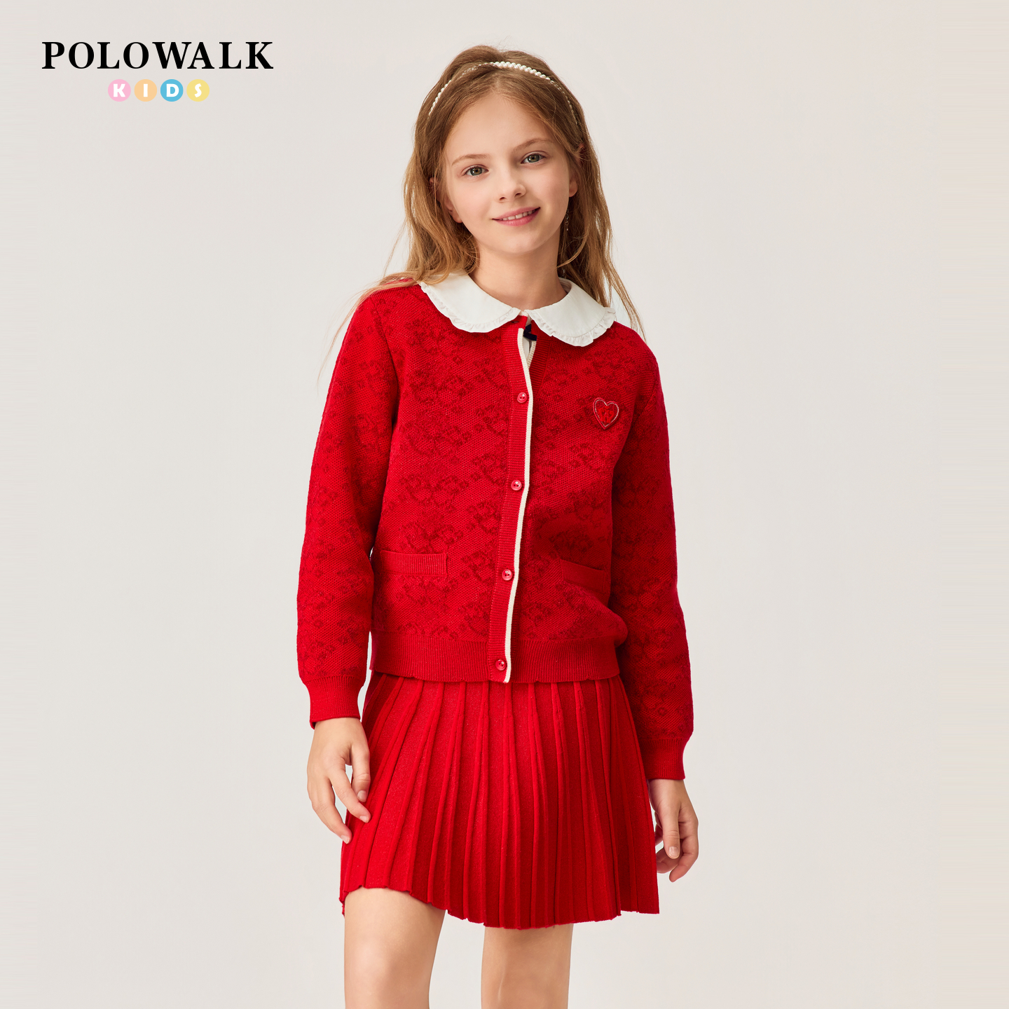 【新年款】POLOWALK童装女童长袖套装2026年新品红色提花两件套