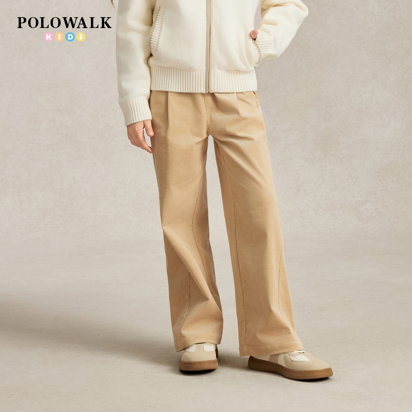 POLOWALK童装2026秋季新品女童卫裤松紧腰灯芯绒阔腿裤休闲百搭