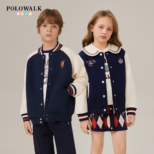 POLOWALK童装男女童外套25秋冬新款学院风夹克加绒撞色保暖棒球服
